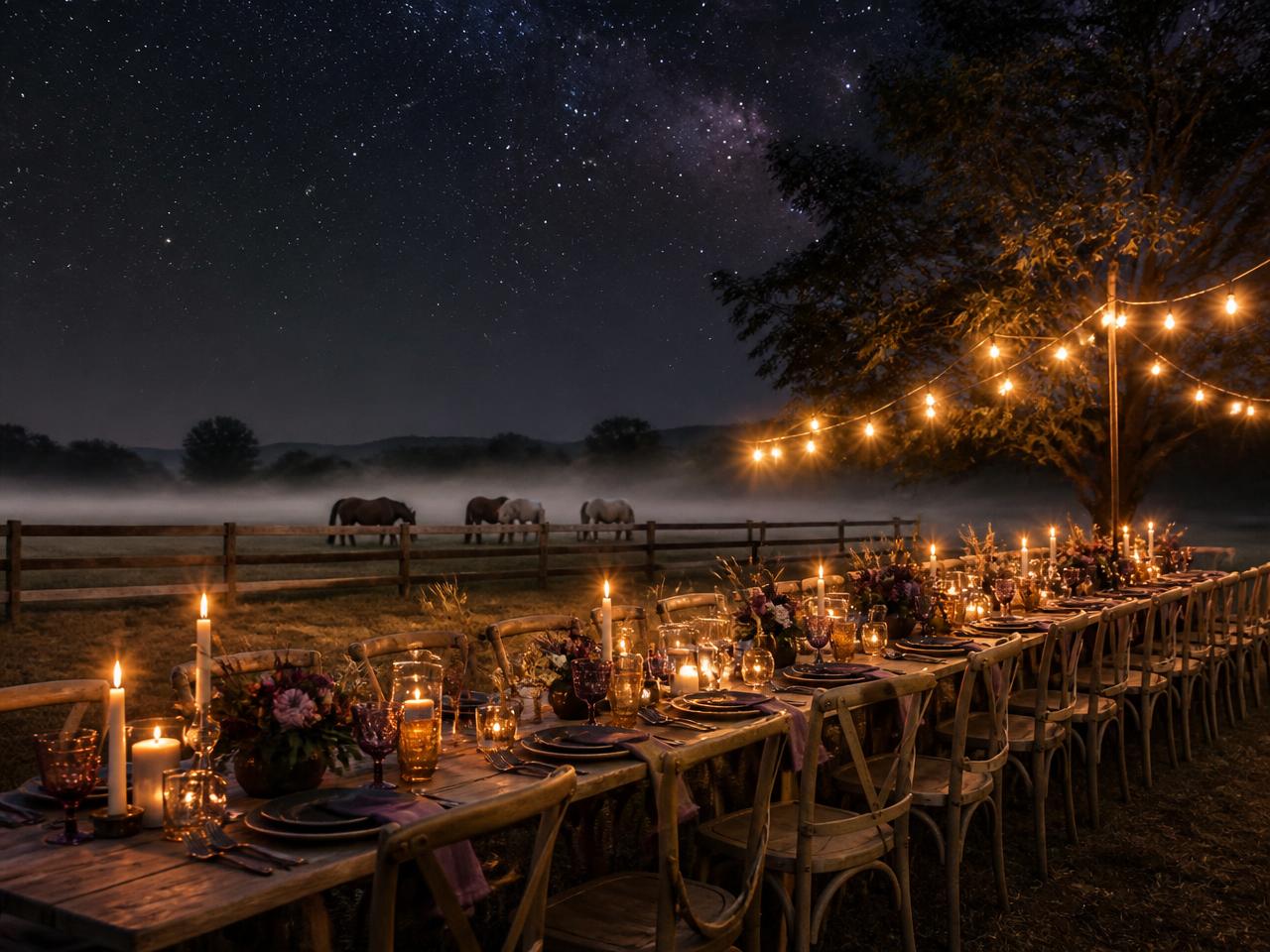 A long farm table set for dinner under a starry sky with horses grazing in the pasture beyond